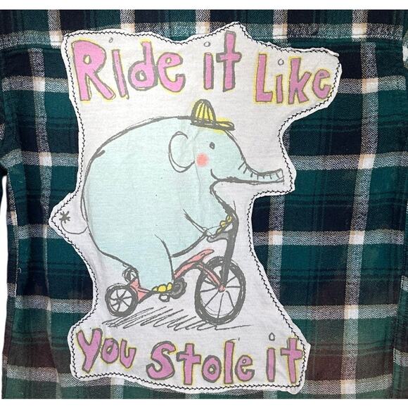 Ride it Like Your Stole it Kids Plaid Flannel Button Down Shirt MEDIUM Unique - Picture 2 of 5
